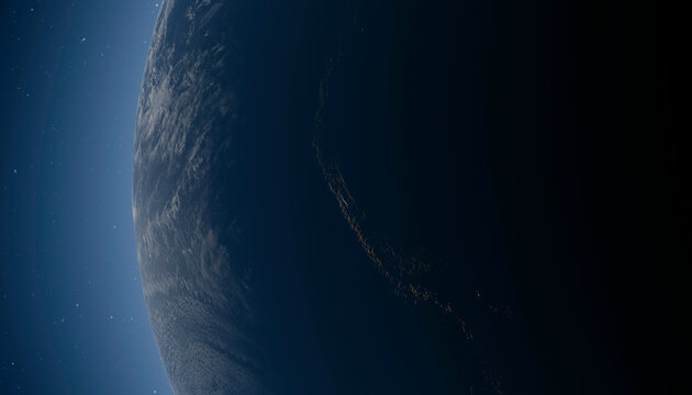 Illustration of a serene view of Earth from space showcasing the planet's curvature and the blackness of space against a starry backdrop.