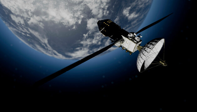 Illustration of a satellite orbits Earth against a backdrop of space and a sunlit horizon.