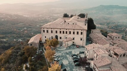 Drone in over the small village of Arpino: Over the castle od Arpino that hosts the art museum entitled to the futurist artist Umberto Mastroianni