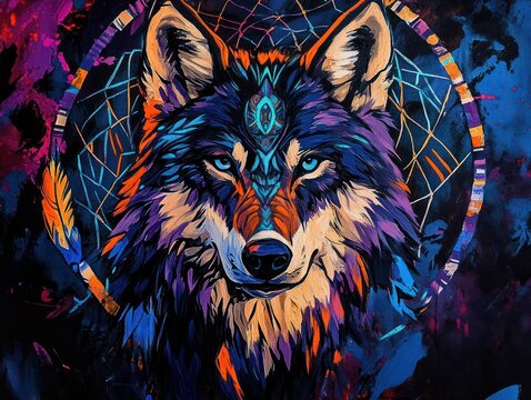 Stylized Strong Volf  in dark space, half body detailed mystical portrait, epic totemic animal