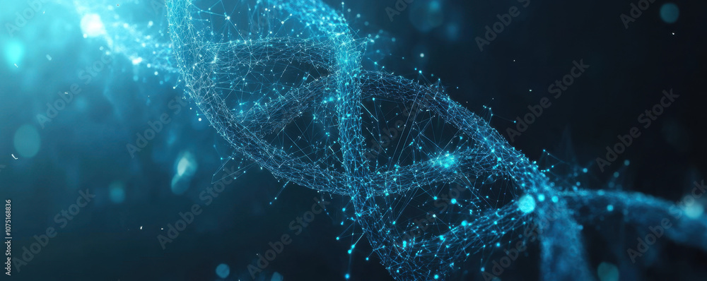 Wall mural blue background with a dna double helix and digital network, a science or technology concept for med