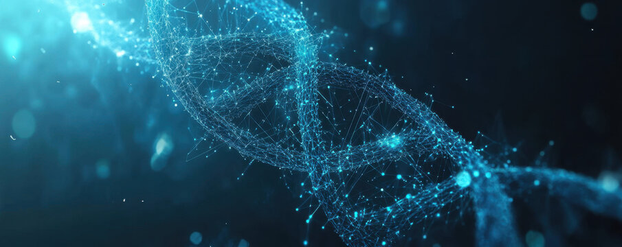 Blue background with a DNA double helix and digital network, a science or technology concept for medical research.