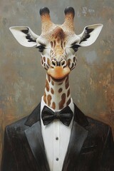 Surreal Giraffe in a Tuxedo Portrait, Oil Painting. AI generated illustration