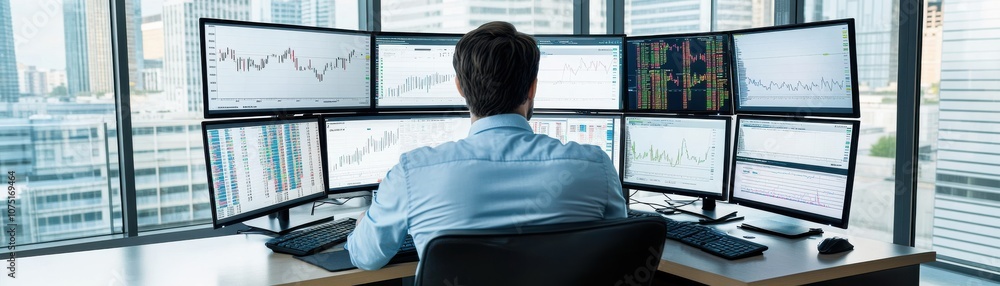 Poster professional analyst working with multiple monitors in the office.