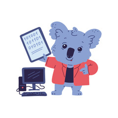 Cute smart koala bear IT specialist, vector cartoon animal hacker programmer character with computer, binary code desk