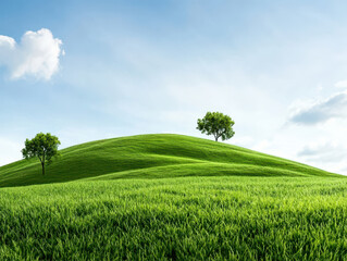 Fototapeta premium Lush green hills under bright blue sky with two trees, creating serene landscape. vibrant grass and gentle curves evoke sense of tranquility and natural beauty