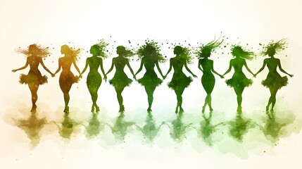 Watercolor image of St. Patrick Day revelers dancing in the street with green confetti and festive decorations