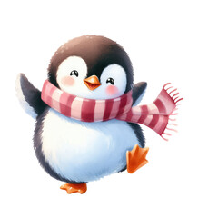 Cartoon funny dancing penguin in a red scarf, watercolor illustration
