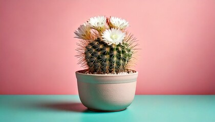 Mammillaria Elegant cactus with its flowers in a pastel pot, flat colors