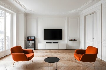 Two orange armchairs face each other in a modern living room with a flat screen TV and a black coffee table. The room features white walls, ornate molding, and a herringbone hardwood floor.