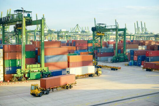 Container terminal at dusk with automated guided vehicles and stacked shipping containers, Singapore