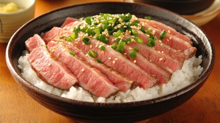 Delicious bowl of steaming rice topped with tender slices of beef, green onions, and sesame seeds, creating a mouth-watering experience for food lovers everywhere.
