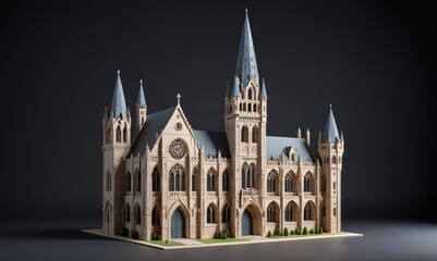 Fototapeta premium A detailed model of a large, Gothic cathedral stands on a table against a dark background