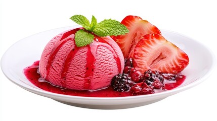 Delicious and Creamy Pink Strawberry Ice Cream with Fresh Strawberries and Berry Sauce on a White Plate Garnished with Mint Leaves