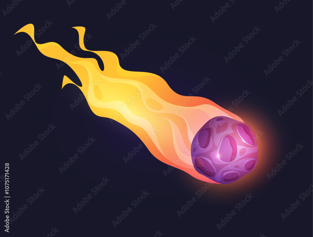 Poster Comet with fire trail, isolated celestial body moving or floating in space. Vector asteroid with flames, planet in galaxy universe. Cartoon sphere for game scene, space star or meteorite