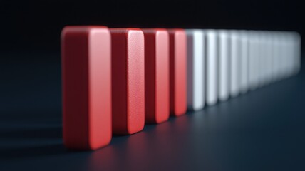 Fototapeta premium A row of red and white dominoes stands on a dark surface, showcasing a striking contrast and inviting potential movement.