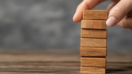 A hand stacks wooden blocks vertically on a table, showcasing focus and balance against a blurred background.