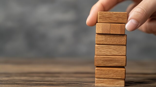 A hand stacks wooden blocks vertically on a table, showcasing focus and balance against a blurred background.