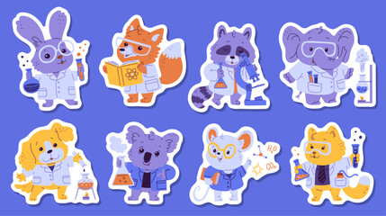 Obraz premium Cute animal scientist vector stickers set, cartoon hare, cat, elephant and koala holds laboratory tubes of chemicals