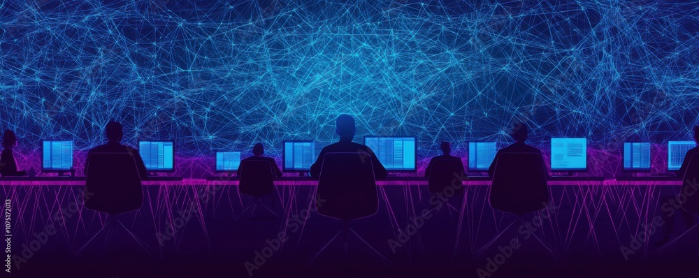 Aufkleber silhouettes of people working on computers in a digital network.