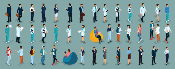 Isometric concept of coworking center. 3D people meeting, discussing, planning, brainstorming at the blackboard, comfortable armchairs in the open office space. Creative people, freelancers isolated