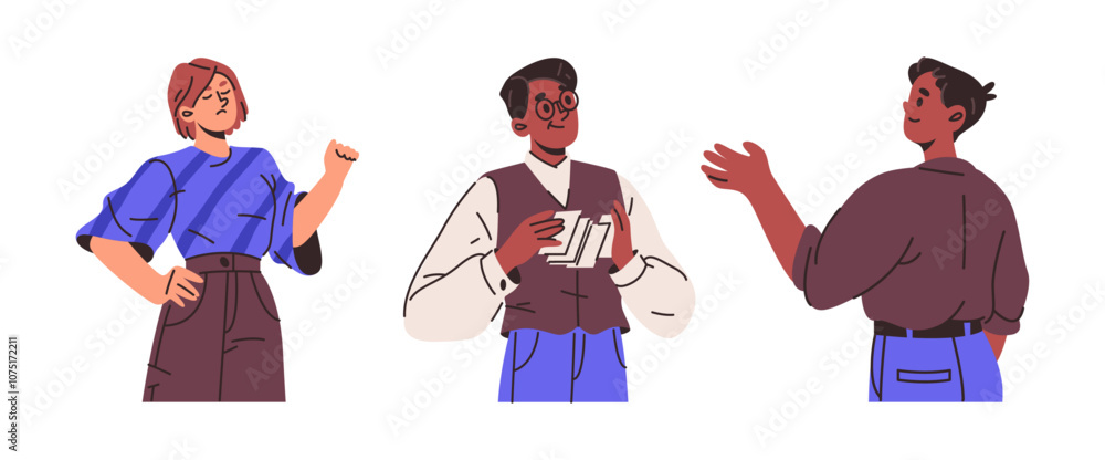 Poster man and woman talking at work. vector isolated set of colleagues pointing hands up. funny personages