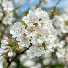 Obraz premium A close-up of delicate white cherry blossoms in full bloom, showcasing their intricate petals against a blurred natural background.