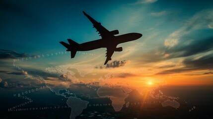 Naklejka premium Silhouette of an airplane flying above a world map made of dots at sunset, symbolizing global travel and international connections