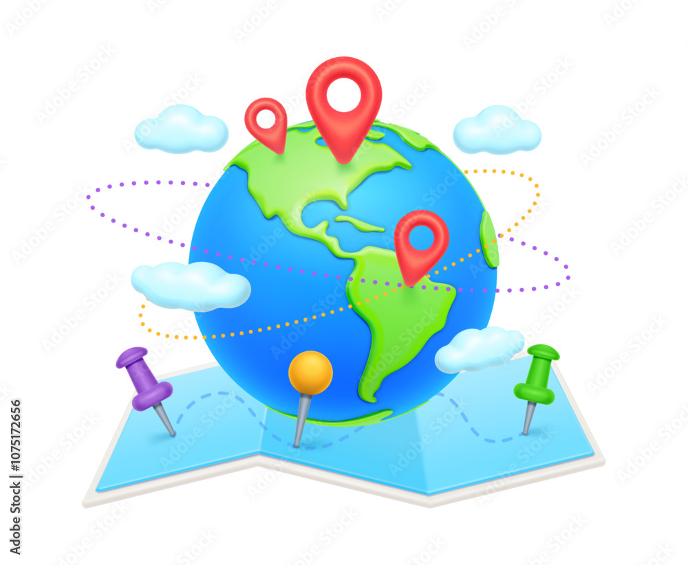 Wall mural cartography navigation map, connected gps points in 3d design. vector atlas with destination markers