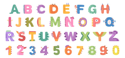 Letters and numbers, funny dinosaur english alphabet fonts. Vector in flat style, isolated creative personage features. Learning at elementary school or preschool, colorful graphics for kids © Sensvector
