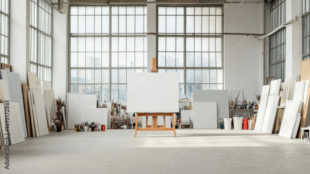 Aufkleber spacious art studio with an empty canvas on an easel.
