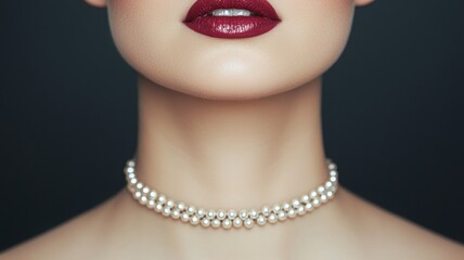 A close-up of a woman's neck and lips adorned with glossy lipstick and a pearl choker, highlighting elegance and sophistication.