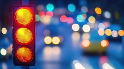 Vibrant Urban Scene with Red Traffic Light Illuminating Busy Intersection amidst Soft Bokeh Effect of City Lights and Cars in Motion at Dusk