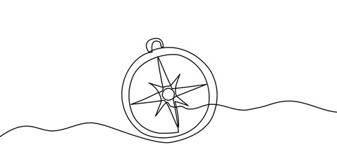 One continuous line drawing of traveller compass. Old navigate and adventure symbol in simple linear style. Business strategy and adventure concept in editable stroke. Banner vector illustration