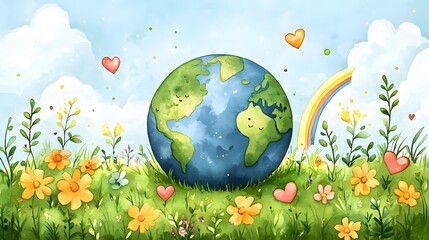 Watercolor depiction of a smiling earth with hearts, rainbows, and flowers, symbolizing universal happiness on International Day of Happiness