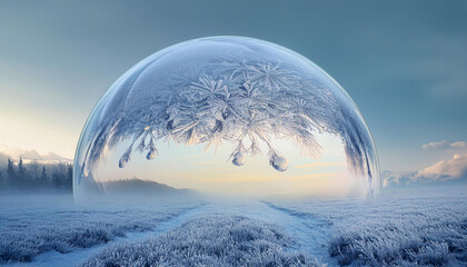 Abstrakcyjny krajobraz świąteczny, koncepcyjny. Duża biała bombka na śniegu. Tapeta świąteczna, zimowe tło