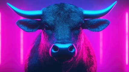 A striking digital rendering of a bull with illuminated horns against a vibrant neon backdrop.