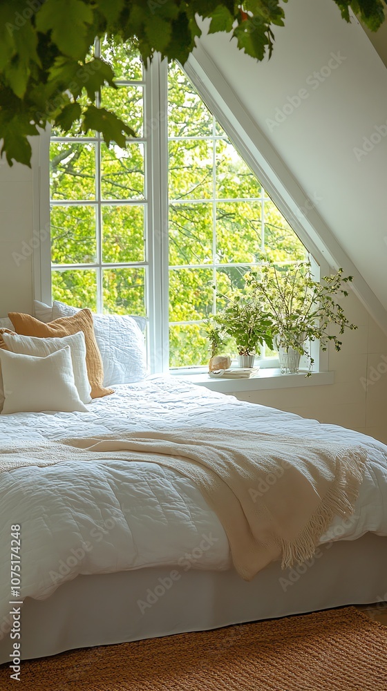 Poster a white bed with a soft linen blanket and pillows sits in a room with a large window overlooking a l