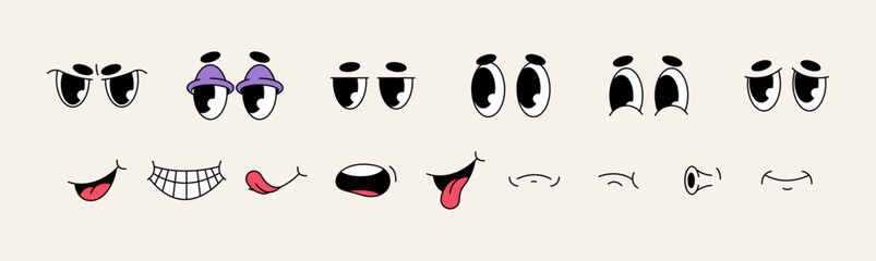 Facial parts and face expressions of vintage mascot cartoon character. Vector isolated eyes frowning in anger, surprised and sad. Mouths with smirk or grin, laugh or smile, whistle or stick out tongue