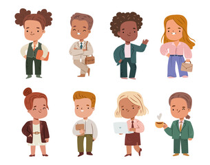 Cute kids in business suits with documents. Vector in flat style, isolated set of young businesslady and businessman with kawaii facial expressions. Employees and employers, team leads