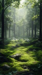 Obraz premium Sunbeams through a Misty Forest