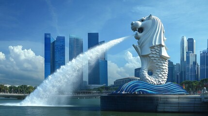 Merlion Statue with Freshwater Spouts Against Skyscrapers. AI generated illustration