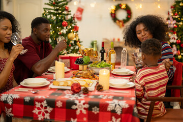 A joyful family gathers around the dinner table celebrating Christmas. The father, dressed in a Santa hat, gives a gift to the child, while everyone smiles with warmth and festive decorations.