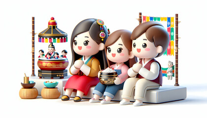 Obraz premium 3D Candid Family Watching Traditional Korean Performances Seollal Cultural Immersion Festive Joy Family Unity Heritage Entertainment Icon Isolated White Background Copy Space
