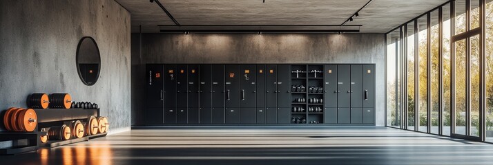 Obraz premium Modern gym interior featuring black metal lockers and orange dumbbells with natural light. AI generated illustration