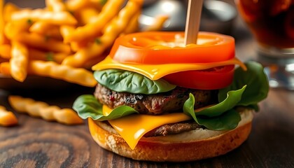 a photography of a hamburger with cheese, tomato, and lettuce.