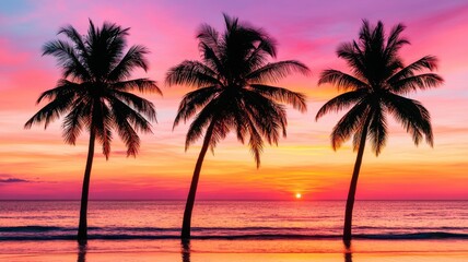 Naklejka premium Stunning sunset over ocean with palm trees silhouetted.