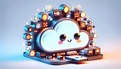 Obraz premium 3D Macro Shot Cloud Backup Drive Glowing Indicators Close Up High Tech Reliable Backup Solutions Data Security Digital Marketing Copy Space for Text Branding Icon