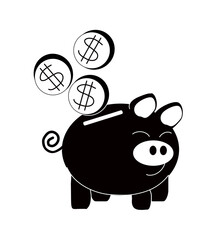 Money piggy bank funny pig with coins with dollar sign. Vector black and white illustration