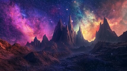 Naklejka premium Vibrant alien mountain landscape beneath a starry sky a stunning fantasy concept